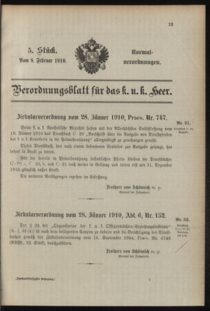 Verordnungsblatt für das Kaiserlich-Königliche Heer 19100208 Seite: 1