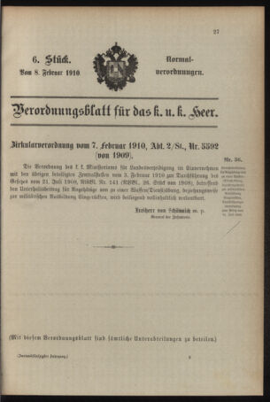 Verordnungsblatt für das Kaiserlich-Königliche Heer 19100208 Seite: 7