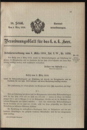 Verordnungsblatt für das Kaiserlich-Königliche Heer 19100308 Seite: 1