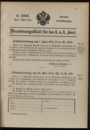 Verordnungsblatt für das Kaiserlich-Königliche Heer 19100408 Seite: 1