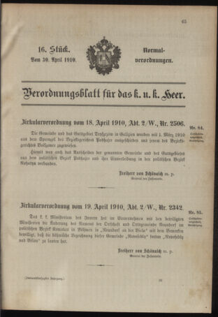 Verordnungsblatt für das Kaiserlich-Königliche Heer 19100430 Seite: 1