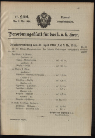 Verordnungsblatt für das Kaiserlich-Königliche Heer 19100509 Seite: 1