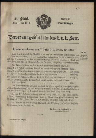 Verordnungsblatt für das Kaiserlich-Königliche Heer 19100708 Seite: 1