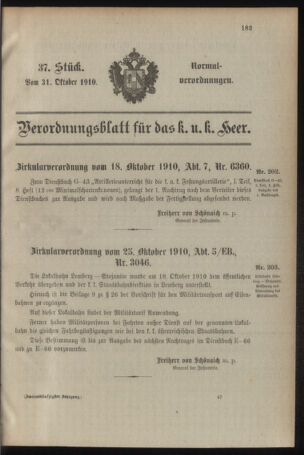 Verordnungsblatt für das Kaiserlich-Königliche Heer 19101031 Seite: 1