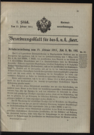 Verordnungsblatt für das Kaiserlich-Königliche Heer 19110225 Seite: 1