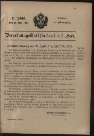 Verordnungsblatt für das Kaiserlich-Königliche Heer 19110429 Seite: 1