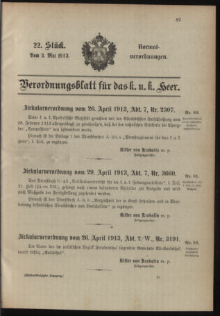 Verordnungsblatt für das Kaiserlich-Königliche Heer 19130503 Seite: 1