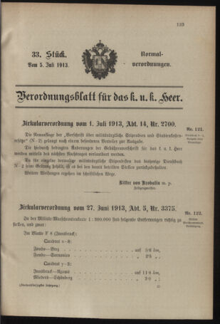 Verordnungsblatt für das Kaiserlich-Königliche Heer 19130705 Seite: 1