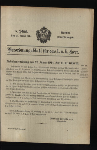 Verordnungsblatt für das Kaiserlich-Königliche Heer 19140131 Seite: 1