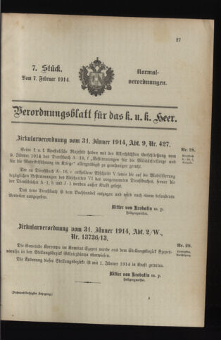 Verordnungsblatt für das Kaiserlich-Königliche Heer 19140207 Seite: 1