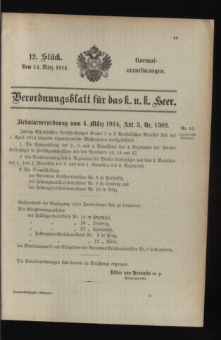 Verordnungsblatt für das Kaiserlich-Königliche Heer 19140314 Seite: 1