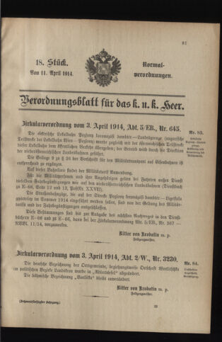 Verordnungsblatt für das Kaiserlich-Königliche Heer 19140411 Seite: 1