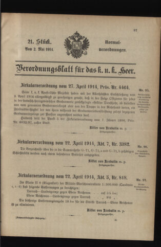 Verordnungsblatt für das Kaiserlich-Königliche Heer 19140502 Seite: 1