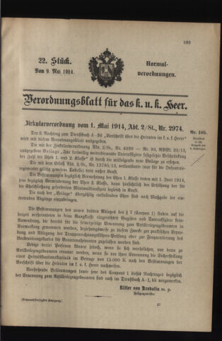 Verordnungsblatt für das Kaiserlich-Königliche Heer 19140509 Seite: 1