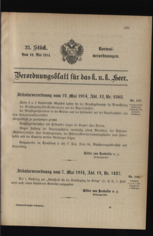 Verordnungsblatt für das Kaiserlich-Königliche Heer 19140516 Seite: 1