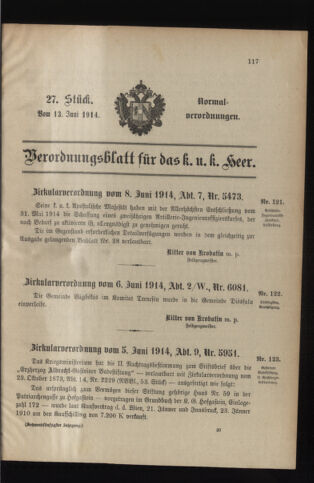 Verordnungsblatt für das Kaiserlich-Königliche Heer 19140613 Seite: 1