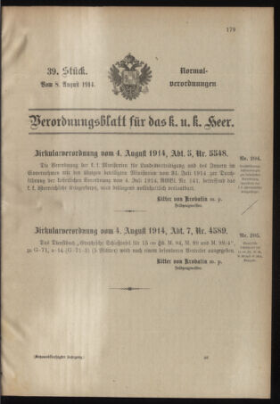 Verordnungsblatt für das Kaiserlich-Königliche Heer 19140808 Seite: 1