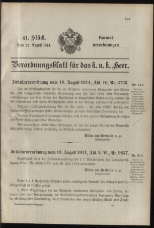 Verordnungsblatt für das Kaiserlich-Königliche Heer 19140822 Seite: 1