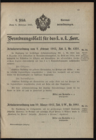 Verordnungsblatt für das Kaiserlich-Königliche Heer 19150206 Seite: 1