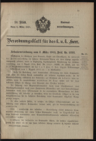 Verordnungsblatt für das Kaiserlich-Königliche Heer 19150306 Seite: 1