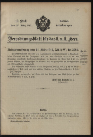 Verordnungsblatt für das Kaiserlich-Königliche Heer 19150327 Seite: 1