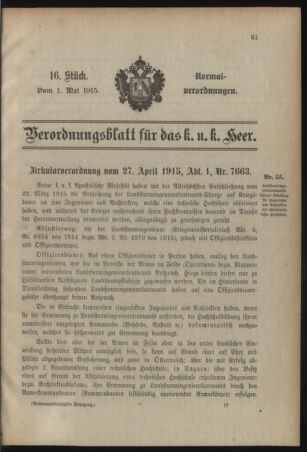 Verordnungsblatt für das Kaiserlich-Königliche Heer 19150501 Seite: 1