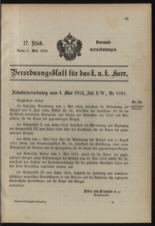 Verordnungsblatt für das Kaiserlich-Königliche Heer 19150506 Seite: 1