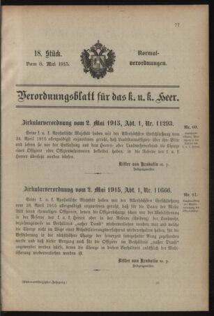 Verordnungsblatt für das Kaiserlich-Königliche Heer 19150508 Seite: 1