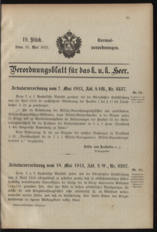 Verordnungsblatt für das Kaiserlich-Königliche Heer 19150515 Seite: 1