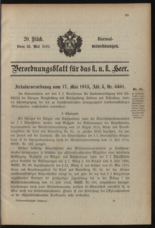 Verordnungsblatt für das Kaiserlich-Königliche Heer 19150522 Seite: 1