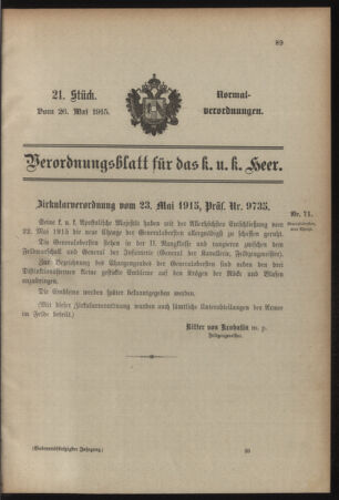 Verordnungsblatt für das Kaiserlich-Königliche Heer 19150526 Seite: 1