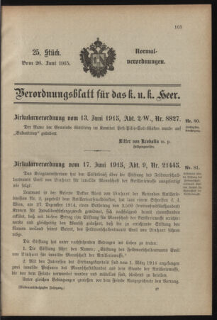 Verordnungsblatt für das Kaiserlich-Königliche Heer 19150626 Seite: 1