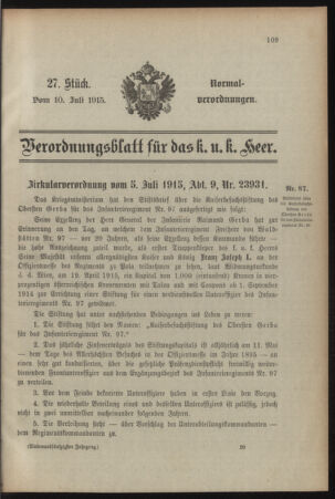 Verordnungsblatt für das Kaiserlich-Königliche Heer 19150710 Seite: 1