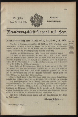 Verordnungsblatt für das Kaiserlich-Königliche Heer 19150724 Seite: 1