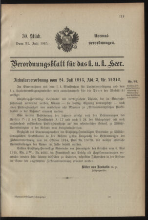 Verordnungsblatt für das Kaiserlich-Königliche Heer 19150731 Seite: 1