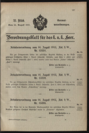 Verordnungsblatt für das Kaiserlich-Königliche Heer 19150821 Seite: 1