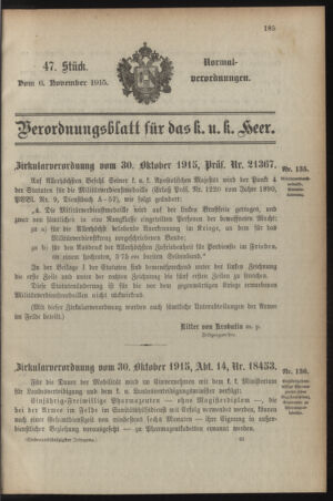 Verordnungsblatt für das Kaiserlich-Königliche Heer 19151106 Seite: 1