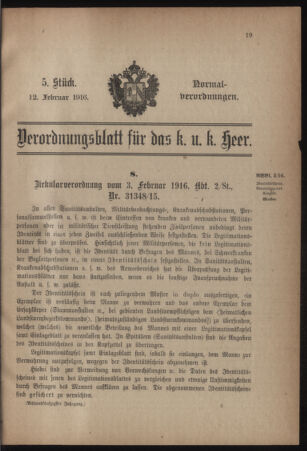 Verordnungsblatt für das Kaiserlich-Königliche Heer 19160212 Seite: 1