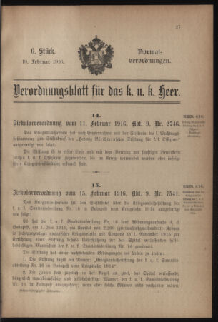 Verordnungsblatt für das Kaiserlich-Königliche Heer 19160219 Seite: 1