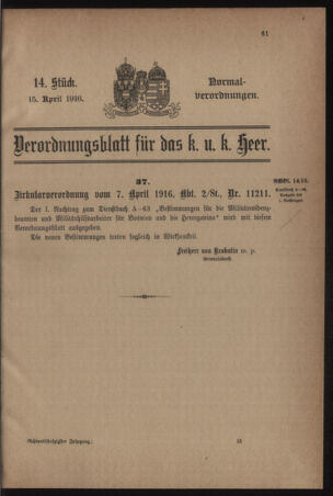 Verordnungsblatt für das Kaiserlich-Königliche Heer 19160415 Seite: 1