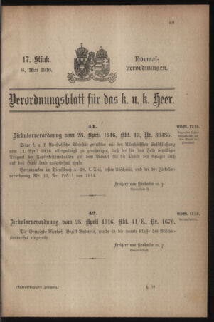 Verordnungsblatt für das Kaiserlich-Königliche Heer 19160506 Seite: 1