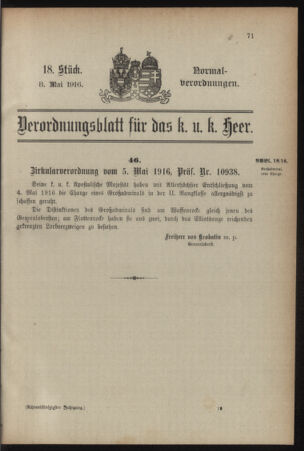 Verordnungsblatt für das Kaiserlich-Königliche Heer 19160508 Seite: 1