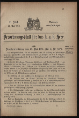 Verordnungsblatt für das Kaiserlich-Königliche Heer 19160527 Seite: 1