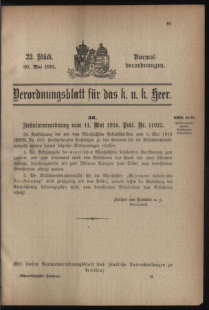 Verordnungsblatt für das Kaiserlich-Königliche Heer 19160530 Seite: 1