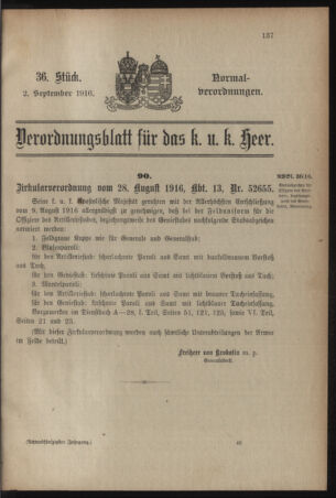 Verordnungsblatt für das Kaiserlich-Königliche Heer 19160902 Seite: 1