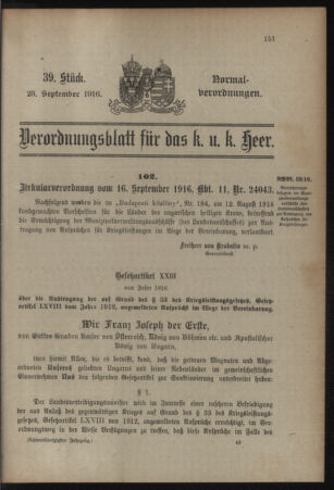 Verordnungsblatt für das Kaiserlich-Königliche Heer 19160923 Seite: 1