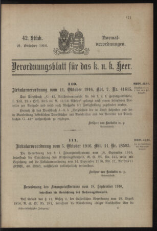 Verordnungsblatt für das Kaiserlich-Königliche Heer 19161021 Seite: 1