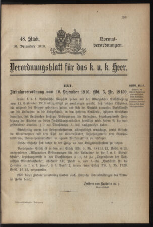 Verordnungsblatt für das Kaiserlich-Königliche Heer 19161216 Seite: 1