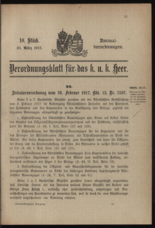 Verordnungsblatt für das Kaiserlich-Königliche Heer 19170310 Seite: 1