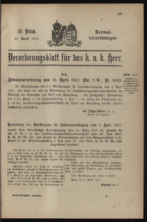 Verordnungsblatt für das Kaiserlich-Königliche Heer 19170421 Seite: 1